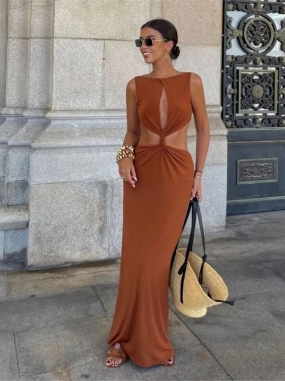 Zara Cut Out Maxi Dress Brown - Picture 2 of 13